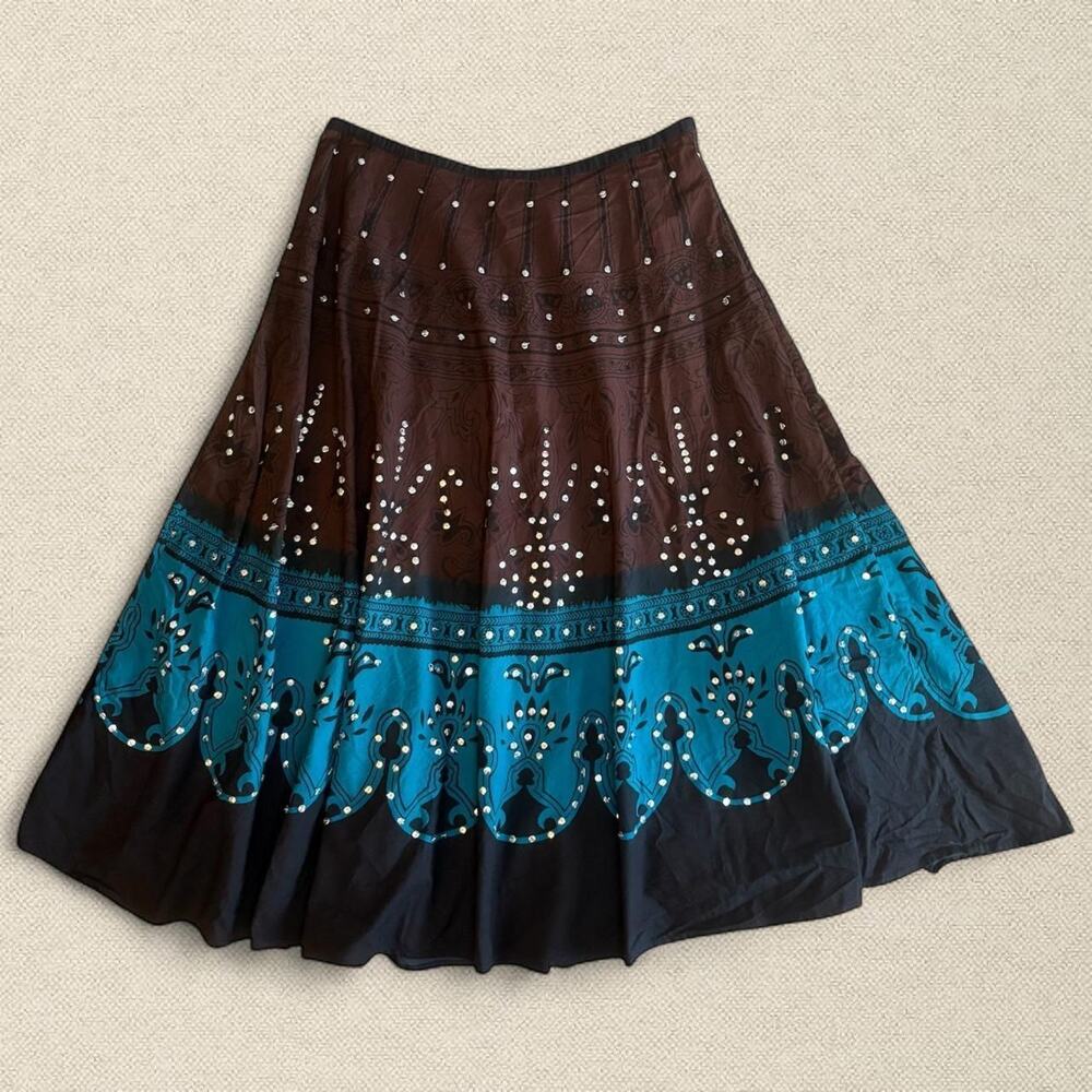 Y2K 100% Cotton Maxi Skirt Patterned w Sequins sz M Original Threads